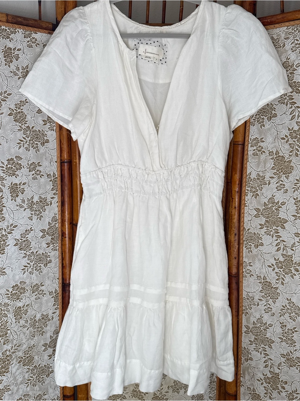 Anthropologie White V-Neck Short Sleeve Tiered Mini Dress